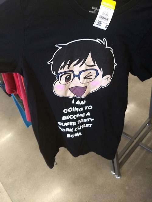 shiftythrifting:“I am going to become a tasty pork cutlet bowl” yuuri on ice t shirt found at wicken