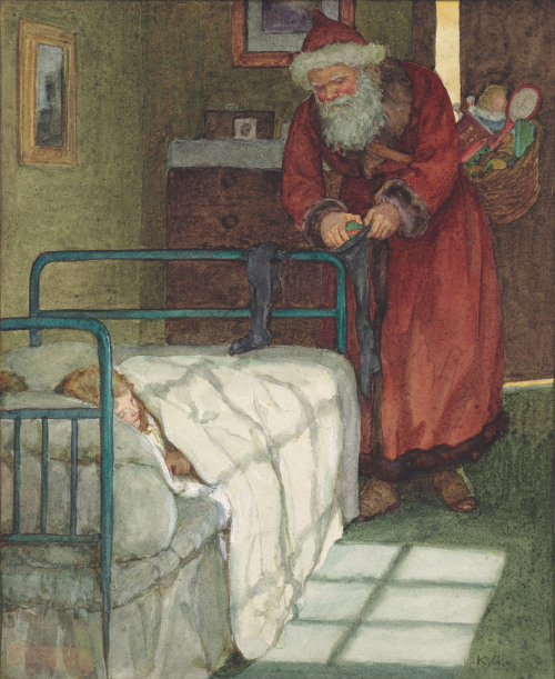 oncanvas:Christmas Eve, a Visit from Father Christmas, Kate Greenaway, 19th centuryPencil and waterc