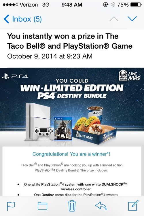 alternativewalls:  alternativewalls:  My friend just woke me up because he thinks we can win PS4s through something that involves Taco Bell breakfast  UPDATE: HE FUCKING WON A PS4 IM SCREAMING  