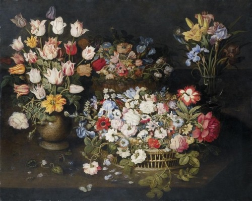 Osias Beert the Elder (Circa 1580 - 1624)Still life of tulips and an apothecary’s rose in a stonewar