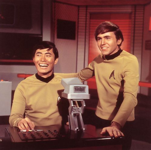 oldschoolsciencefiction:George Takei and Walter Koenig share a lighter moment while filming the orig