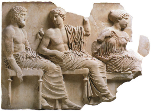 theancientwayoflife:~ Poseidon, Apollo and Artemis in the meeting of gods / Bas-relief from the east