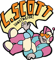 a logo of a small robot gesturing to a logo. the logo reads: L Scott Illustrations.