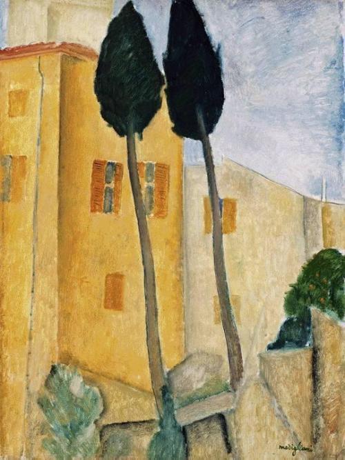 artist-modigliani: Cypress Trees and House, Amedeo ModiglianiMedium: oil,canvas