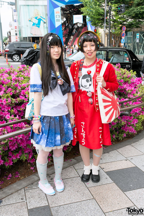 Harajuku high school girls wearing resale fashion, a galaxy print sailor uniform, decora hair clips,