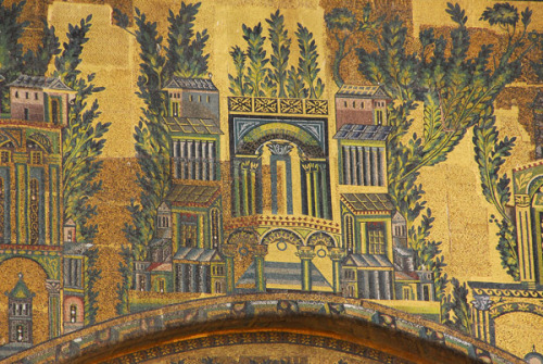 artofthedarkages: Mosaics depicting trees and architectural landscapes on the interior and exterior 