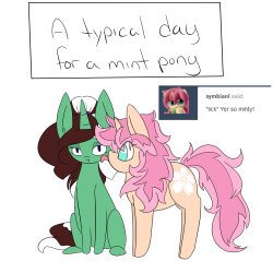 ask-peppermint-pattie:  I feel like it’s sad when other ponies licking me is normal… ((OMG Symbianl! I love your work! They are super amazing and I feel super honored for you to be following me! Thank you! I loved drawing your Cherry!Also… I have