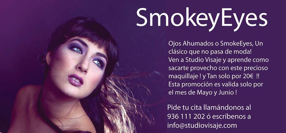 Super Promo por Mayo y Junio, curso de SmokeyEyes por solo 20€ … Plazas limitadas en cada clase, todo el material incluido y foto de Estudio !! Reserva llamando al 936 111 202 o vía email a info@studiovisaje.com