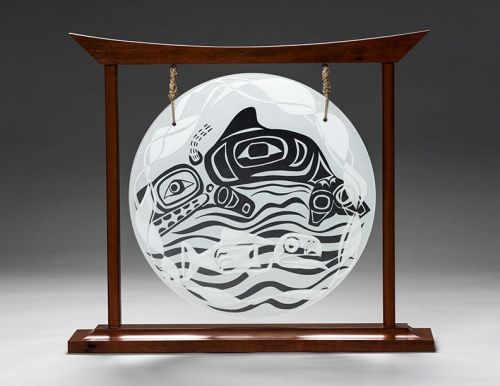 Whale and Salmon, Deborah GoldhaftDoble-sided etched mirror, Brazilian redwood flame. 