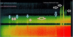 I noticed some odd sounds in the middle of all that static, so I ran it through a spectrogram that helped me spot more weird sounds. There’s these weird whirring noises at irregular intervals during this ending, including one long “low” noise. I