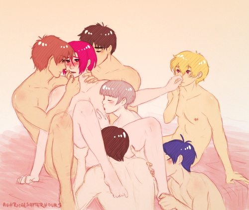 agaricalsafterhours:I am not dead yet~ Sorry this blog has been inactive for so long, but it is nsfw blog so… ;v; Anyway, I’ve always wanted to see one big Rin-lovin’ session. Here it is. Pls don’t ask where are Mikoshibas, Kisumi, lost limbs
