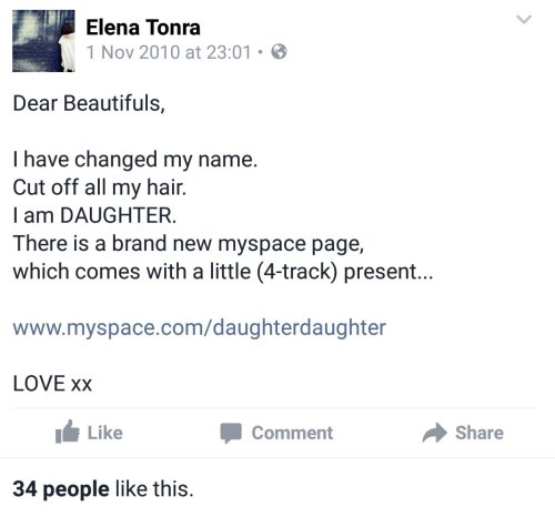 The post that started it all. Elena Tonra officially adopts the name Daughter as her stage name on N