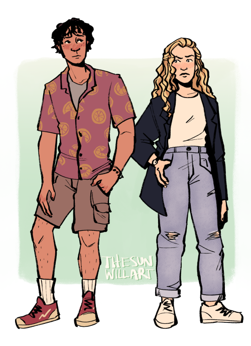 thesunwillart: a man wearing a grapefruit shirt and a woman from the 80s walk into the lotus hotel &