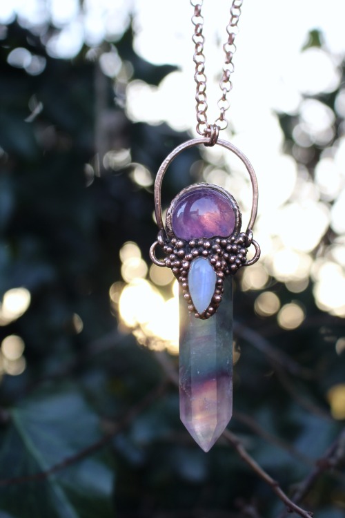 Rainbow fluorite, Amethyst crystal ball & blue Moonstone crystal copper necklace