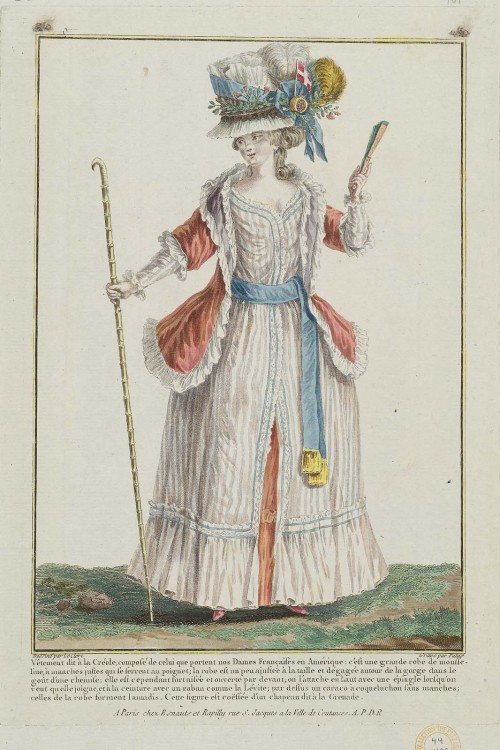 sartorialadventure:French fashions, 17791. Robe de cour2. Dress a la Creole, worn by French ladies i