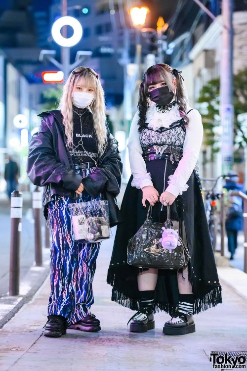 20-year-old friends Miu and Miuchan on Cat Street in Harajuku wearing dark fashion including a chain