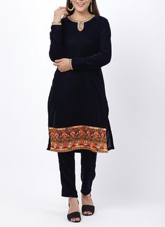 Navy Blue Velvet Mirror Embroidered Kurti With Straight Pants www.pinterest.com/pin/28400832