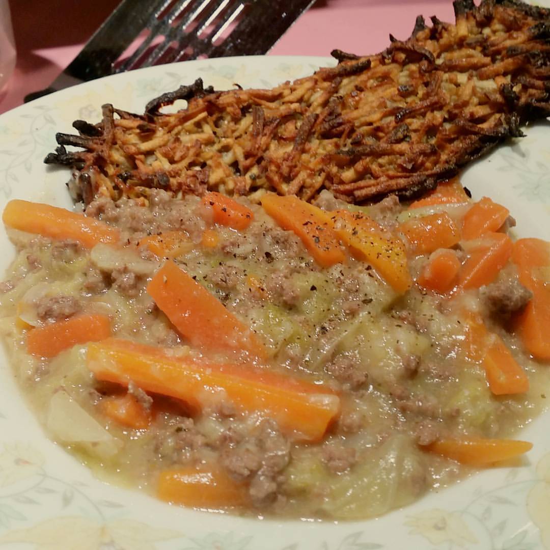 Chop suey and oven baked, sweet potato hash browns. #instafoodie #instafood #foodofinstagram