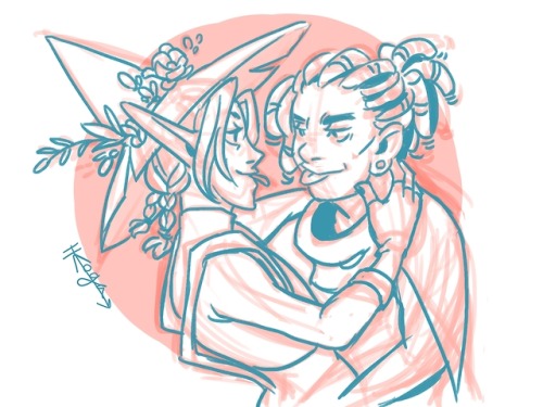 hannahlady:;P [id: a sketchy drawing of Taako and Kravitz from the waist up. The drawing is hued red