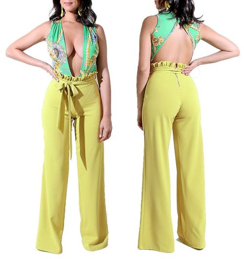 HannahZone floral print deep plunge V neck sleeveless wide leg long pant jumpsuit with belt