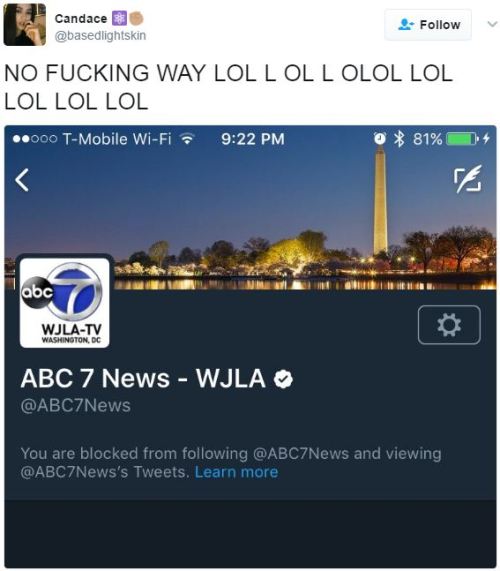 keeperofthetongatooth:bellygangstaboo:As a news station it is VERY unprofessional to block someone b