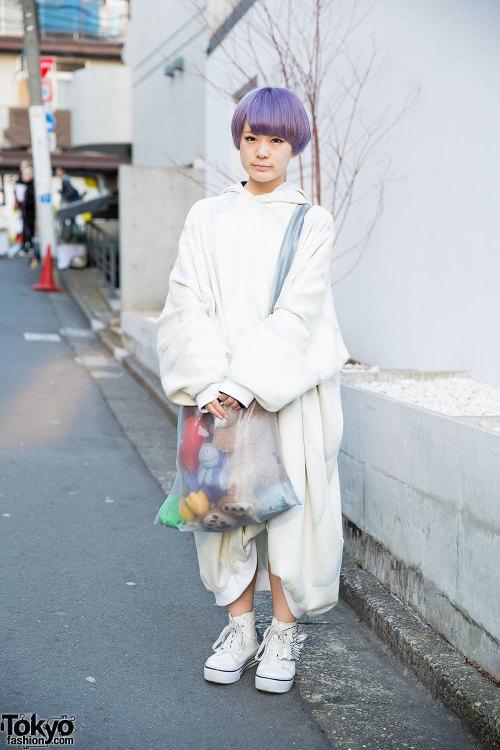 Lilac-haired Awomisooo on the street in Harajuku wearing an oversized hoodie dress from the Tokyo bo
