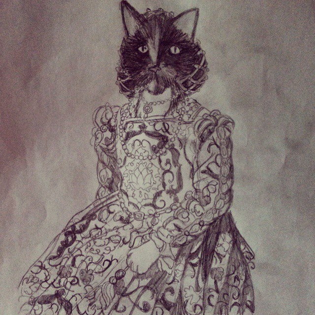 I’m sketching a commissioned portrait of Eleanor of Toledo… as a cat. =^,,^= #catart #cat #sketch #portrait #Medici