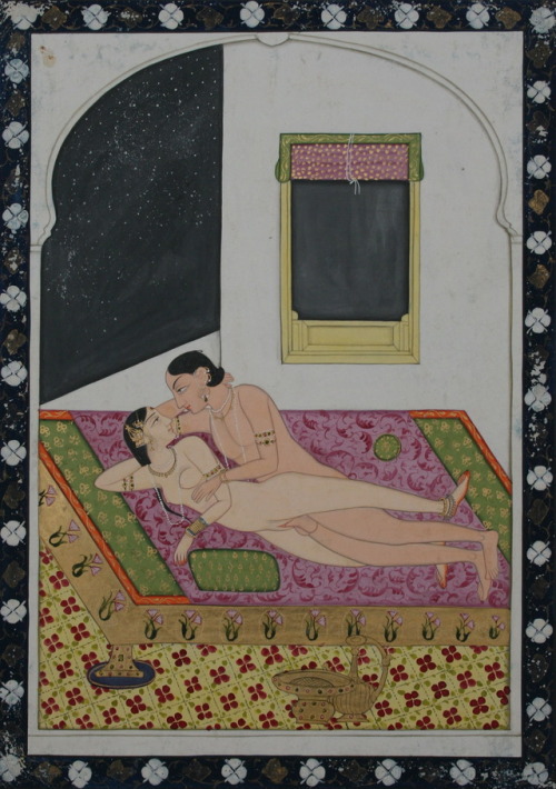 Couple Making Love in Erotic Asana (Sex Position) on a Palace Terrace at Night - Kangra, c1830-40