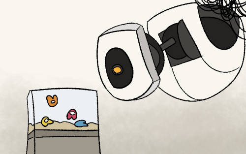 A cartoon drawing of Glados from Portal, a large robot. She is hanging from the ceiling and looking down at a small tank of baby amongus crewmates.