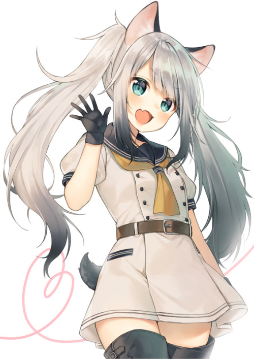 オリジナル、midorikawa you、❤、ドレス、ブーツ、ロングヘア、サイドロック、ツインテール、サイハイブーツ、サイハイソックス、カウボーイショット、heart of string、sailor dress、一人、前髪、女一人、女性、尻尾、牙、獣耳、白い背景、カメラ目線、結んだ髪、緑目、シンプル背景、赤面、銀髪、開口、髪の上から見える眉毛、黒いレッグウェア