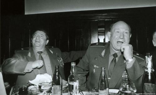 Soviet cosmonauts Pyotr Klimuk (left) and Aleksei Leonov partying in the early 1990s. Klimuk was the