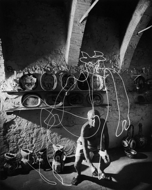life: Legendary artist Pablo Picasso was born 136 years ago today on Oct. 25, 1881 in Málaga, Spain. He is pictured here in 1949 painting a centaur with light. This photo was featured in the Jan. 30, 1950 SPEAKING OF PICTURES… feature in LIFE magazine.