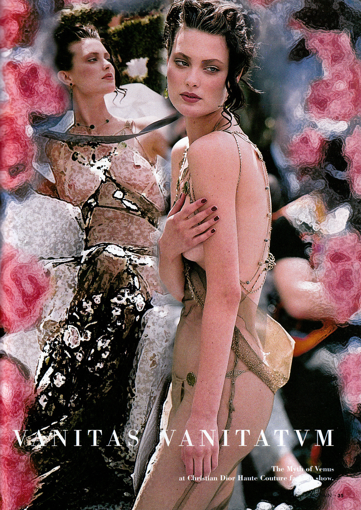 Christian Dior Haute Couture by John Galliano; model Shalom Harlow at the Fall 1997 show. Collage for Italian MODAIN Magazine, 1997.