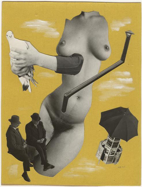 Marcel Bovis: Deux messieurs en costumes de ville, un nu féminin sans tête ni bras, une vespasienne.