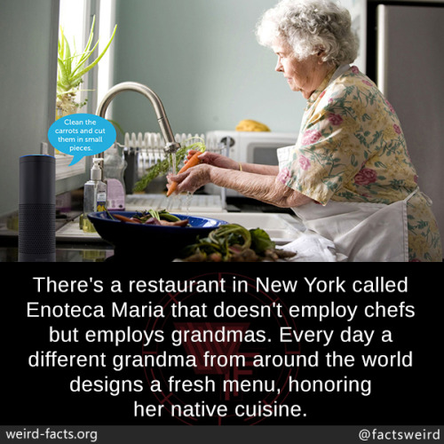 mindblowingfactz:  There’s a restaurant in New York called Enoteca Maria that doesn’t employ chefs but employs grandmas. Every day a different grandma from around the world designs a fresh menu, honoring her native cuisine. 