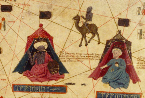 medievalpoc:AnonymousCatalan World Map. Africa: representation of several black rulers in their tent