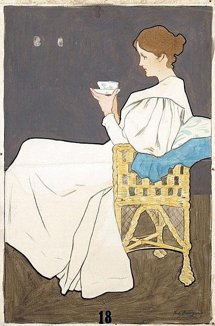 huariqueje:    A Cup of Tea ,  Untitled (poster design)    -     Fritz Burger     , ca. 1910    German, 1867–1916  Gouache,   90 x 59 cm. (35.4 x 23.2 in.)  