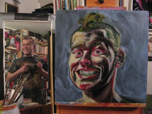 Here’s a process view of my latest self-portrait.  Golden acrylic paints on canvas.