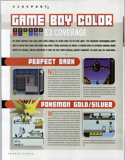 oldgamemags:  N64 Gamer #30, August 2000 - E3 coverage of Pokemon Gold / Silver and the portable Perfect Dark!  Follow oldgamemags on Tumblr for more awesome scans from yesteryear!