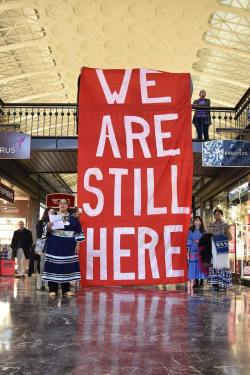 nativenews: [IMAGE:  Washington D.C. Action. Native women led a #NoDAPL prayer this morning at Union Station in D.C. with a Banner drop that stated, “We Are Still Here”. Hope Butler, Piscataway Conoy Tribe of Maryland said, “President Obama, we