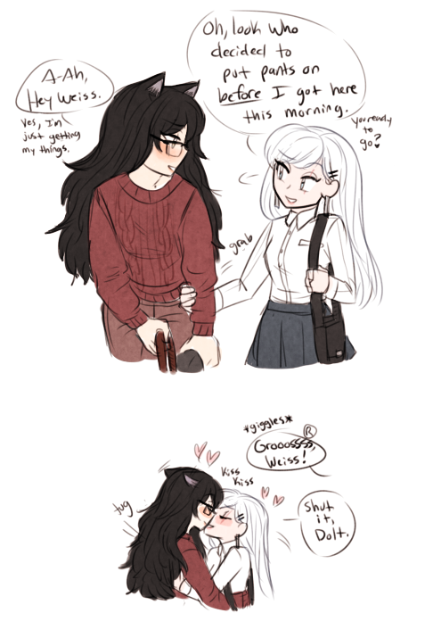 college!au mornings (includes roomies blake+yang and weiss+ruby stopping by their dorm room)