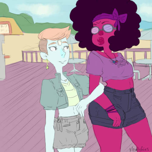 irlcurlyfries:  I’m experimenting with styles and all. Idk i also really love pilot pearl too, so i did a scene with her and g on a date. 