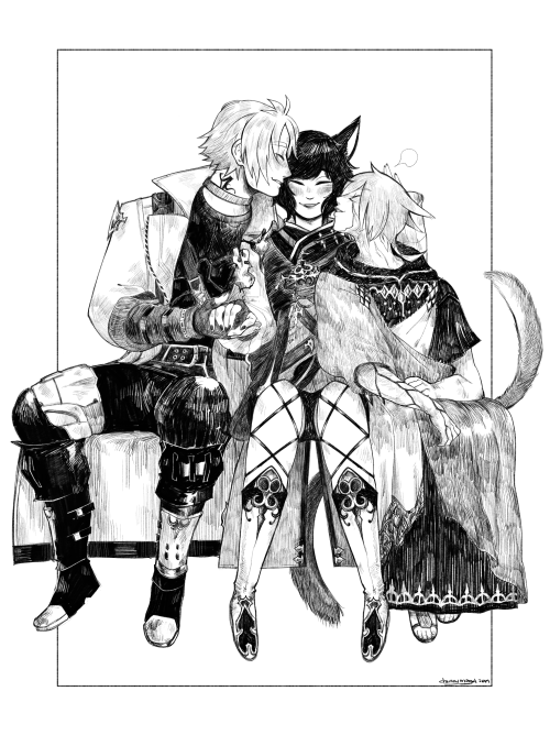bowlersandtophats:Commission for a lovely person of their FFXIV character w/ Thancred Waters and G’r