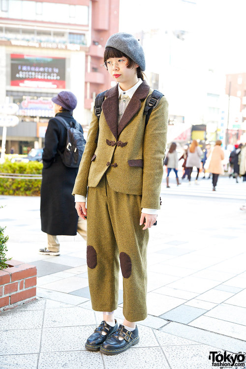 Harajuku girl in a cute handmade cropped tweed suit (with elbow &amp; knee patches) and Dr. Martens 
