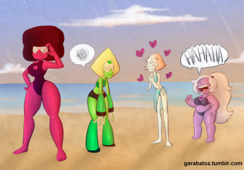 grimphantom2:  garabatoz:  Afternoon Gems by Garabatoz Just to let you know that I will be busy the next days. Be Bop.  Aside of Garnet, i love Amethyst in that bikini =D   sexies everywhere! <3