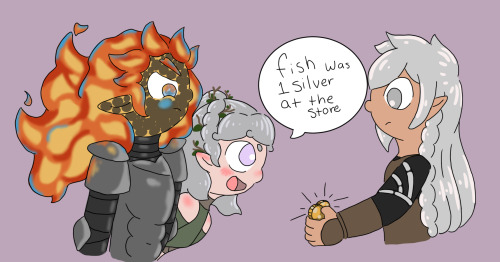 momo-doodles:dnd doodles- Eravan buying some fish from Mel. My friend’s character Mel is a half fire