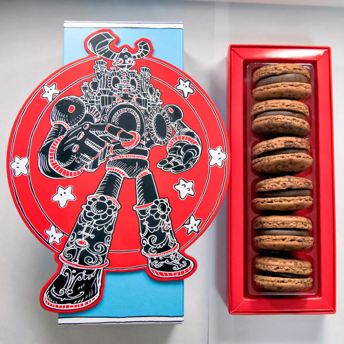 Chocolate macarons from Pierre Herme Aoyama with giant robot packaging by Tokyo-based artist Nicolas