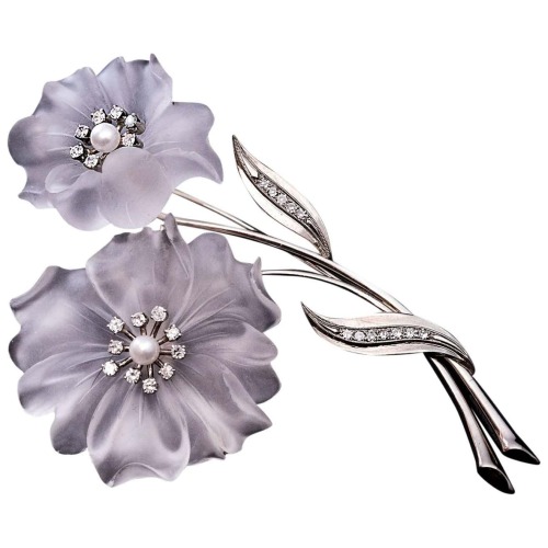 vysjewelry:Rock crystal, diamond, pearl, and white gold flower brooch, c. 1950s (at 1stdibs)