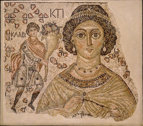 via-appia:Fragment of a Floor Mosaic with a Personification of Ktisis. The bejeweled woman, holding 
