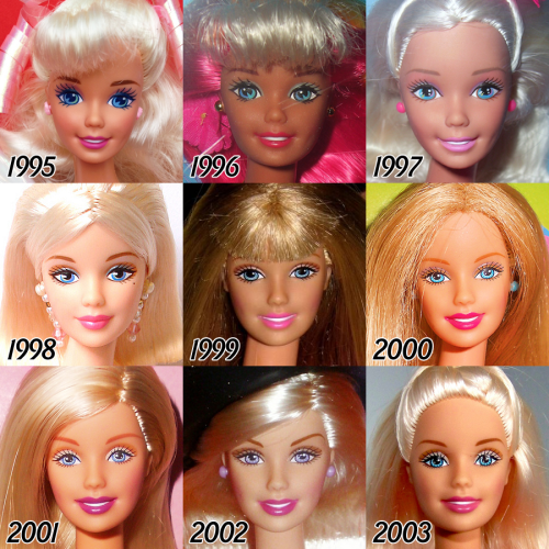 older-and-far-away:yousyouk:tenaflyviper:I was curious as to exactly how Barbie’s face has changed a